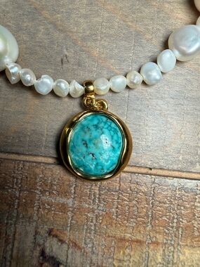 Freshwater Pearl Necklace with Turquoise Blue Gold Pendant